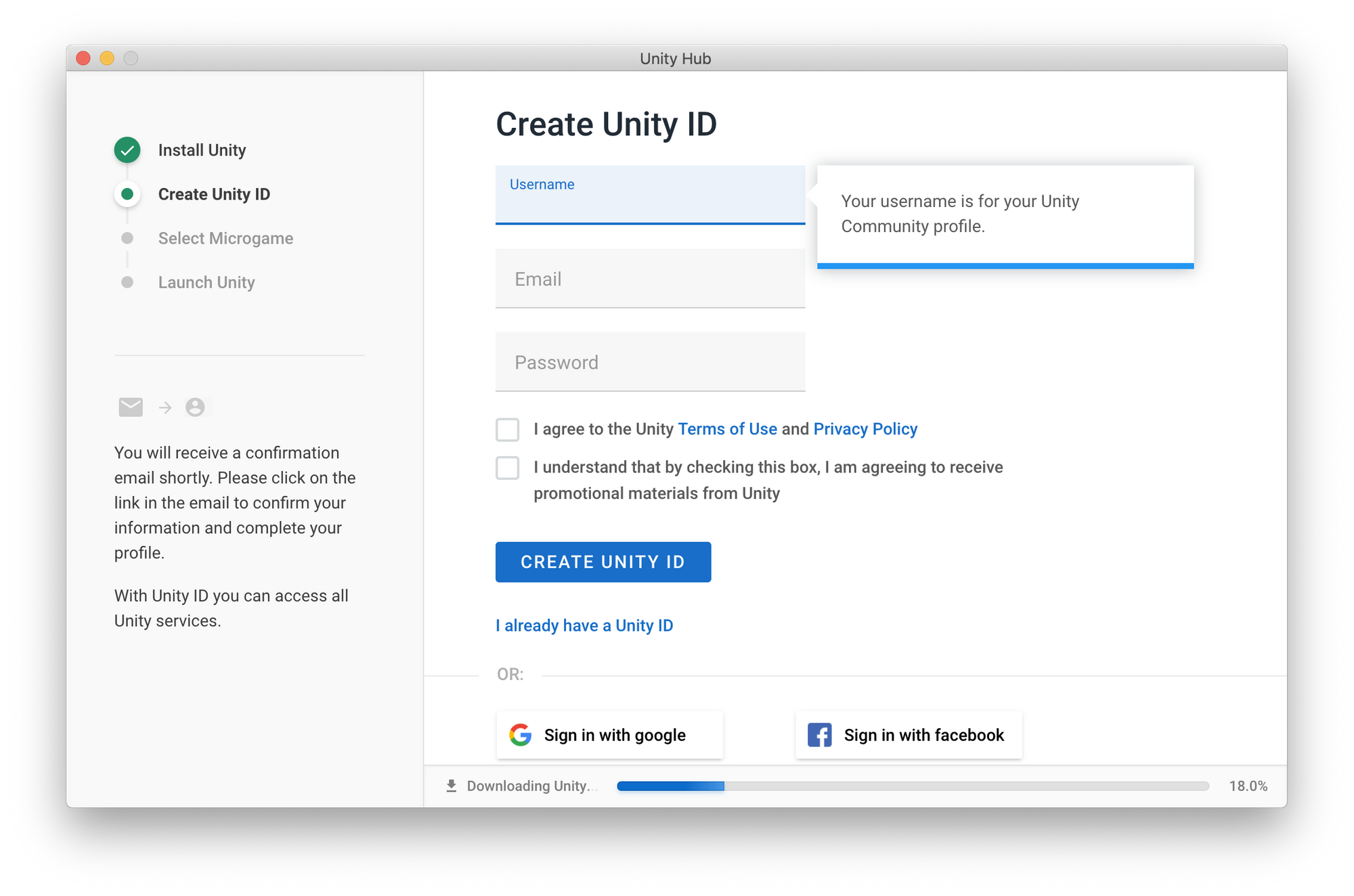 Create Unity account